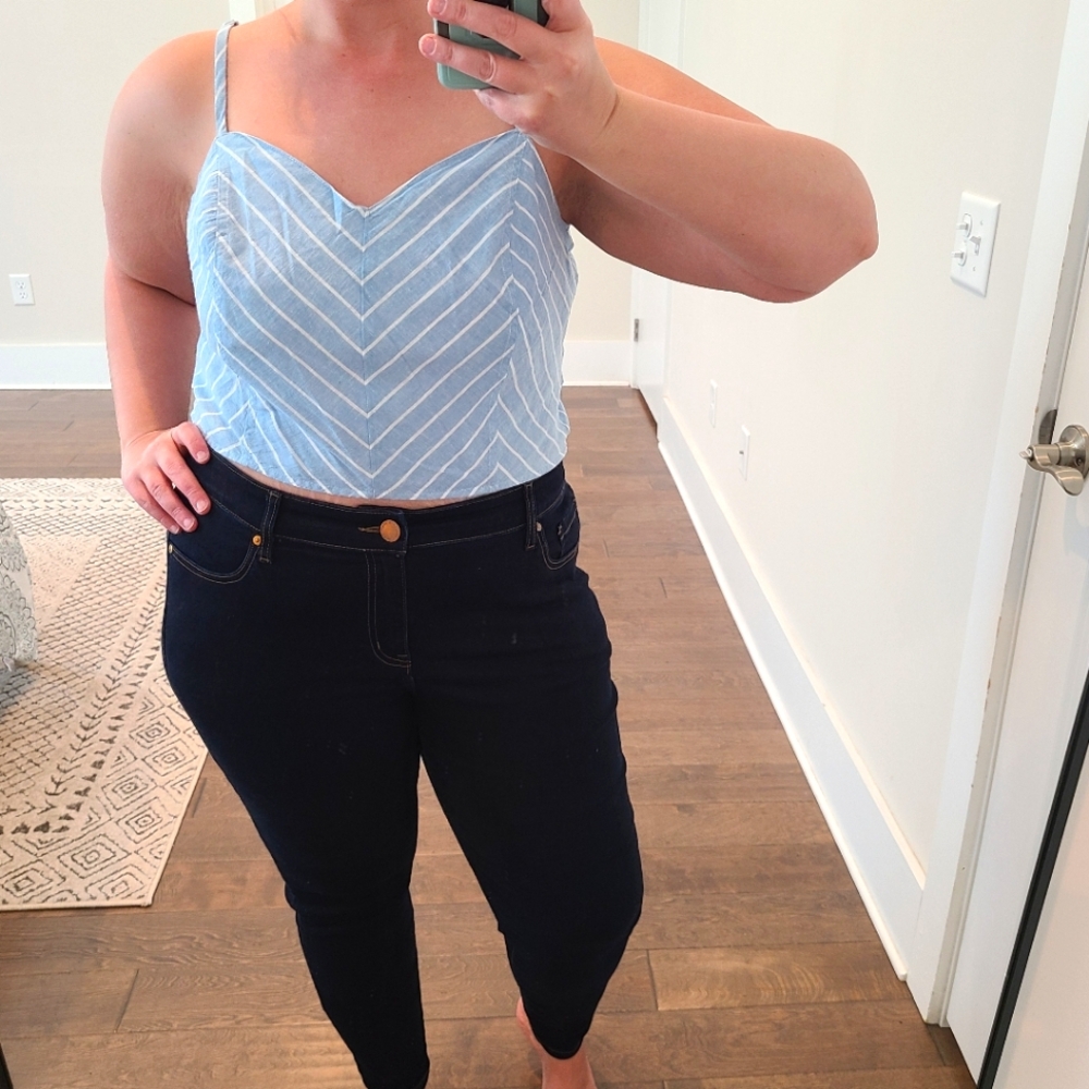 Lane Bryant Blue Chevron Stripe Linen Blend Cropped Top